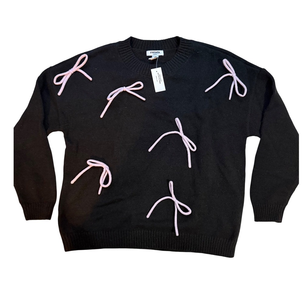 RSQ Coquette Bow Knit Sweater Black Pink Ribbon Detail Cropped Size M‎ NWT